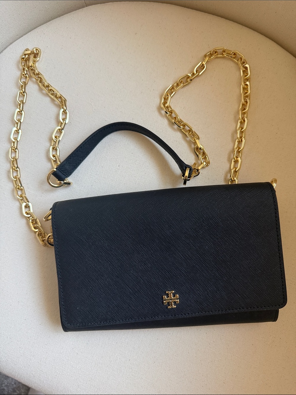 Tory Burch Black Leather Crossbody with Gold Chain